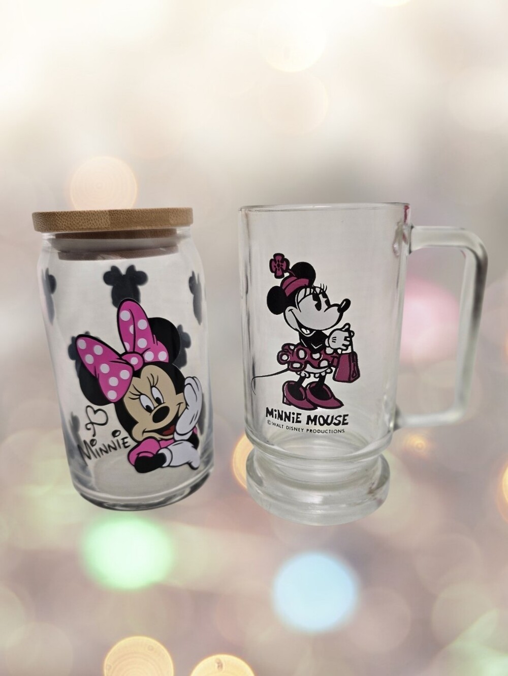 Set of 2 Minnie Mouse Disney Glass Cups – Vintage 1970s Mug & Modern Tumbler